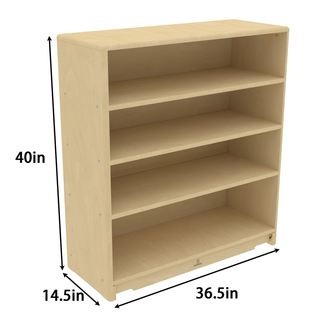 Wooden bookshelf with dimensions labeled on a white background