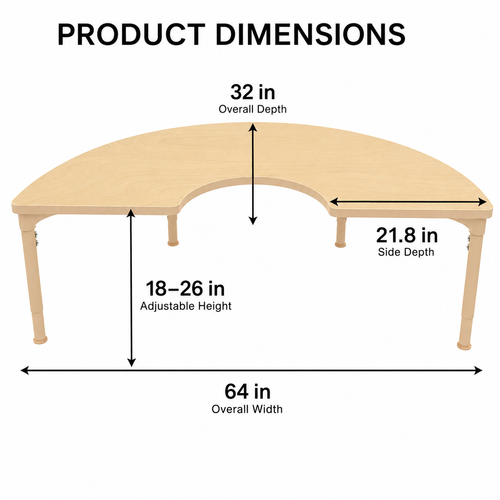 Half-Circle Adjustable Kids Classroom Table – 64"×32", 17" to 25" Height