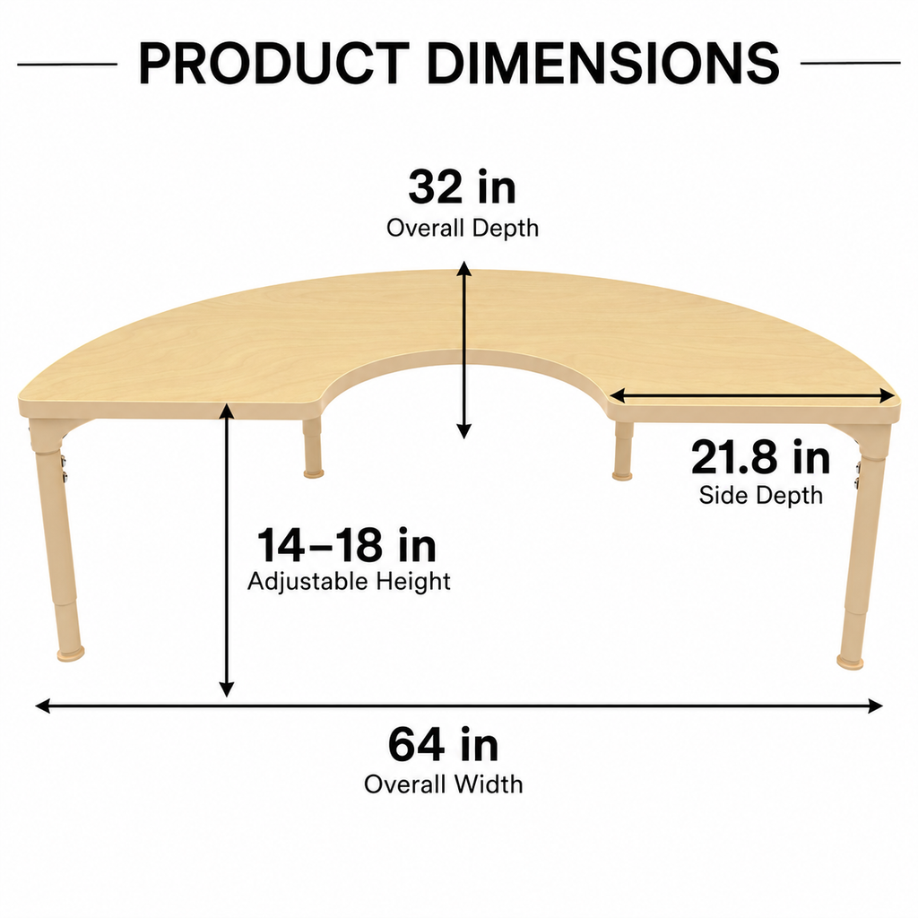 Half-Circle Adjustable Kids Classroom Table – 64"×32", 13" to 17" Height