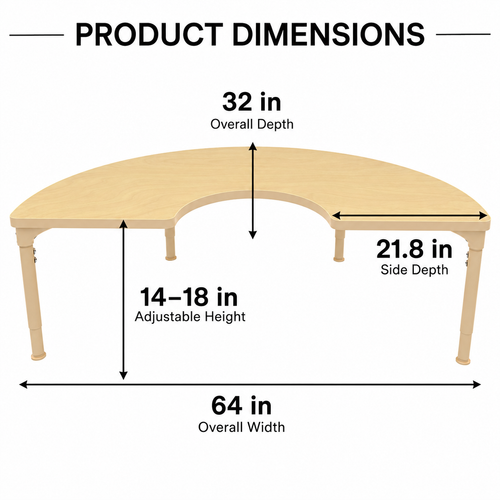 Half-Circle Adjustable Kids Classroom Table – 64"×32", 13" to 17" Height