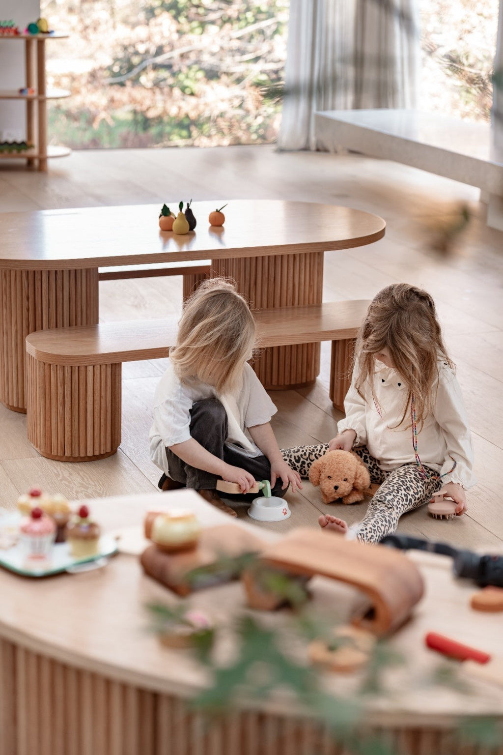 Oak Fluted Oval Table & Bench Set