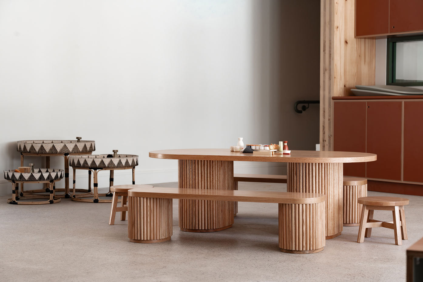 Oak Fluted Oval Table & Bench Set