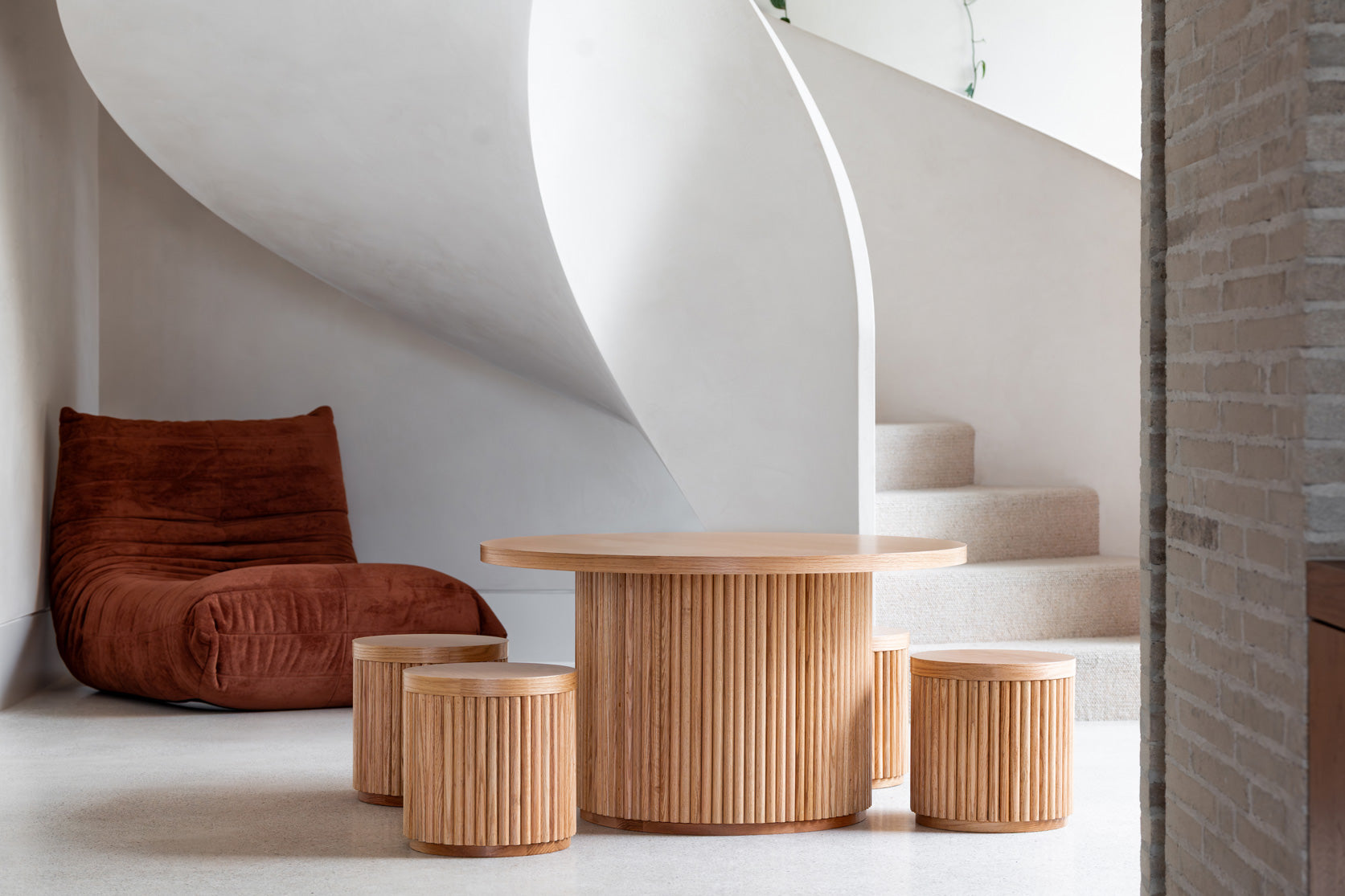 Oak Fluted Round Table & Stool Set