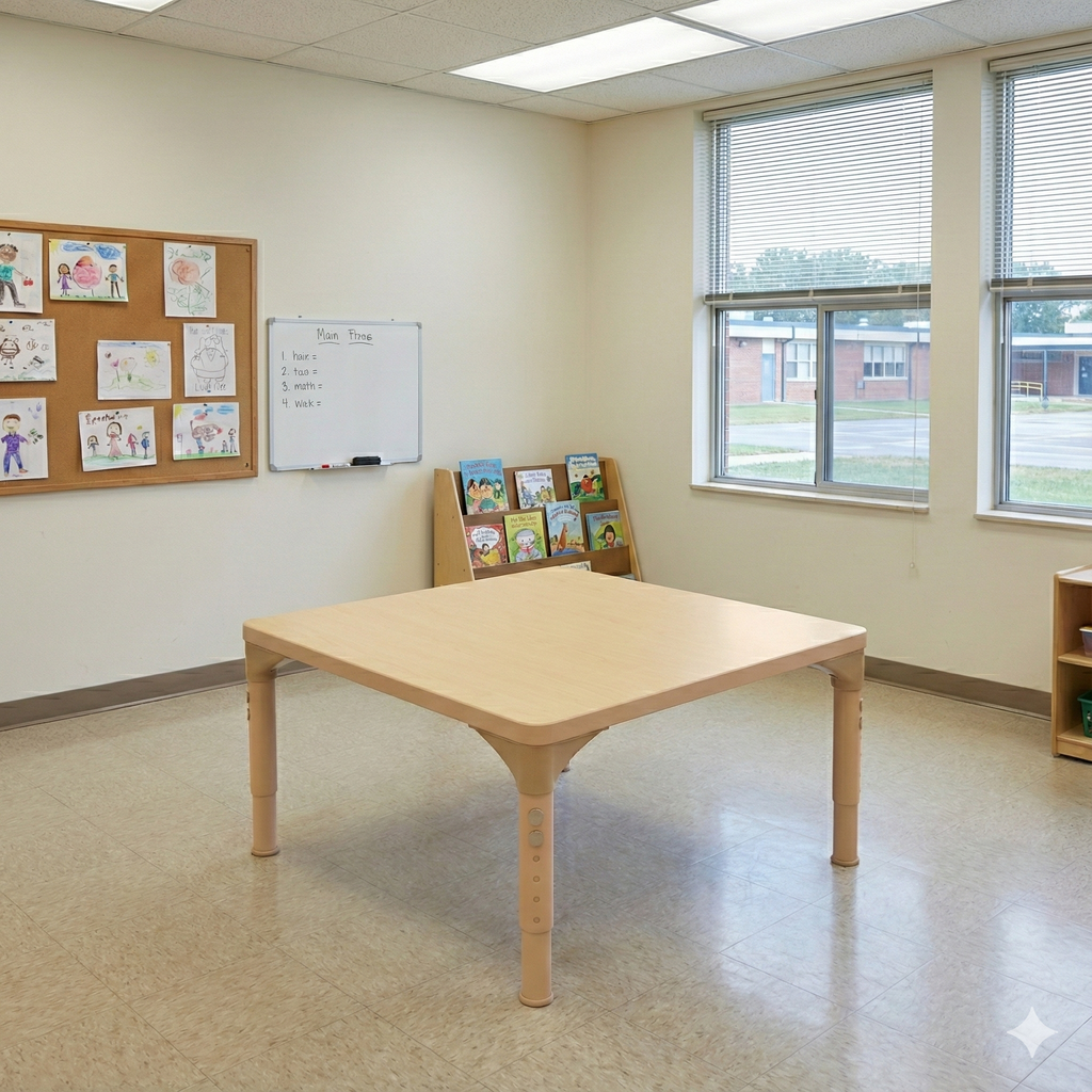 Square Adjustable Kids Classroom Table – 30"×30", 13" to 17" Height