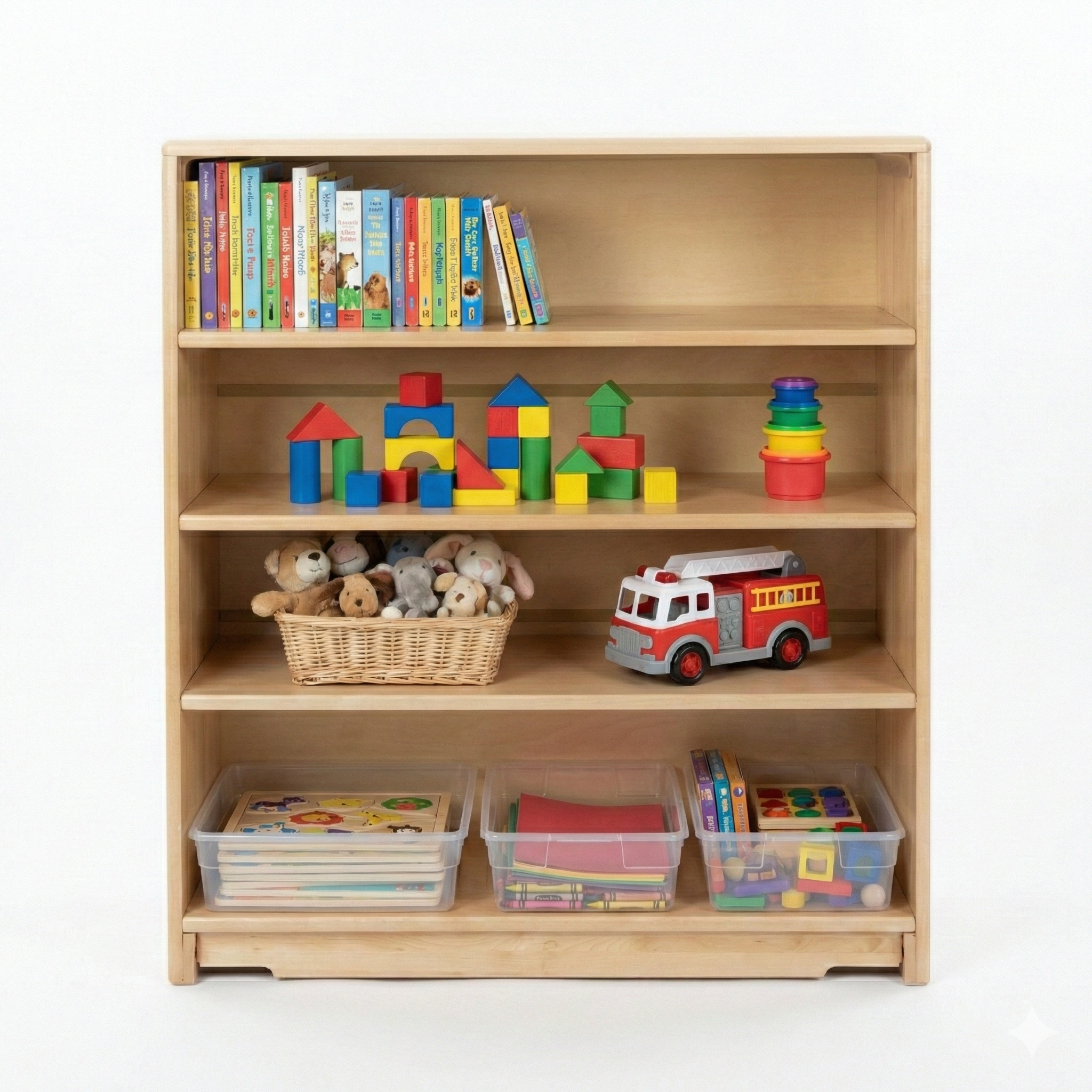 Wooden bookshelf with children's toys and books on a white background