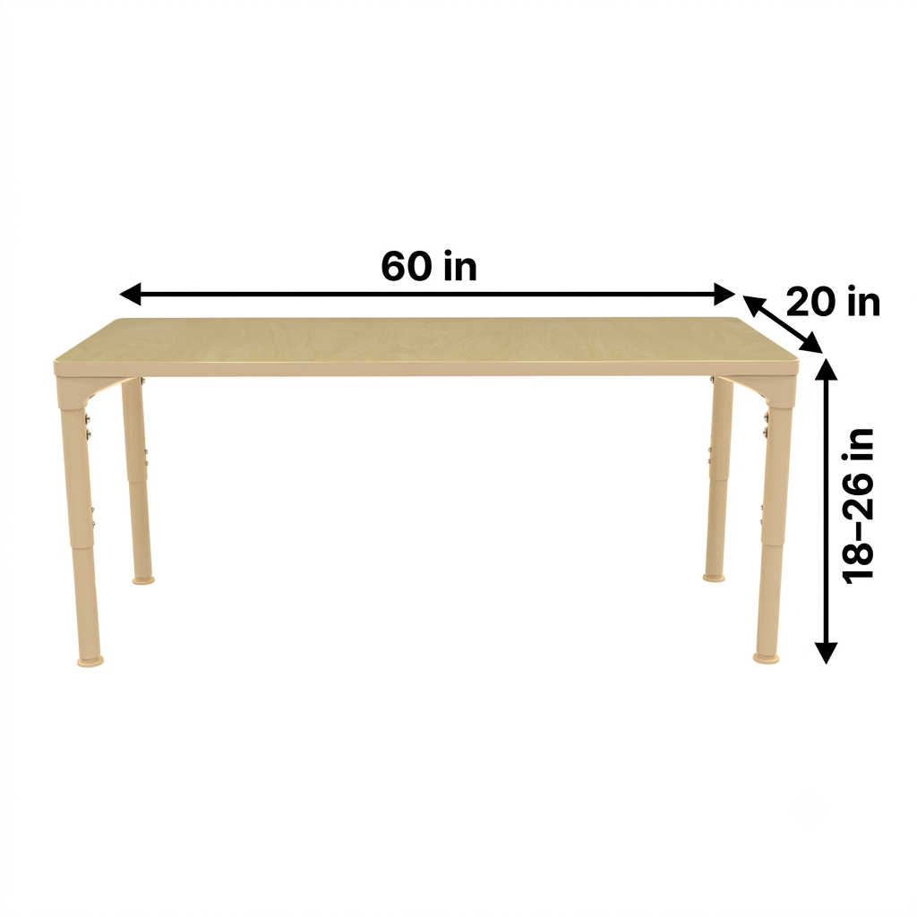 Rectangular Adjustable Kids Classroom Table – 60"×20", 17" to 25" Height