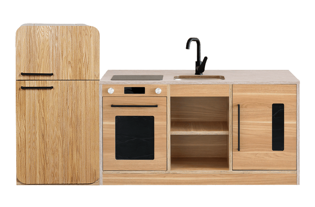 Travertine Kinder Kitchen & Oak Fluted Fridge