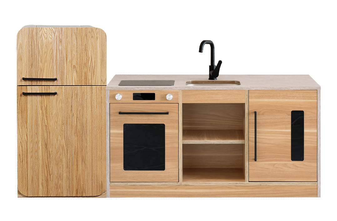 Travertine Kinder Kitchen & Oak Fluted Fridge