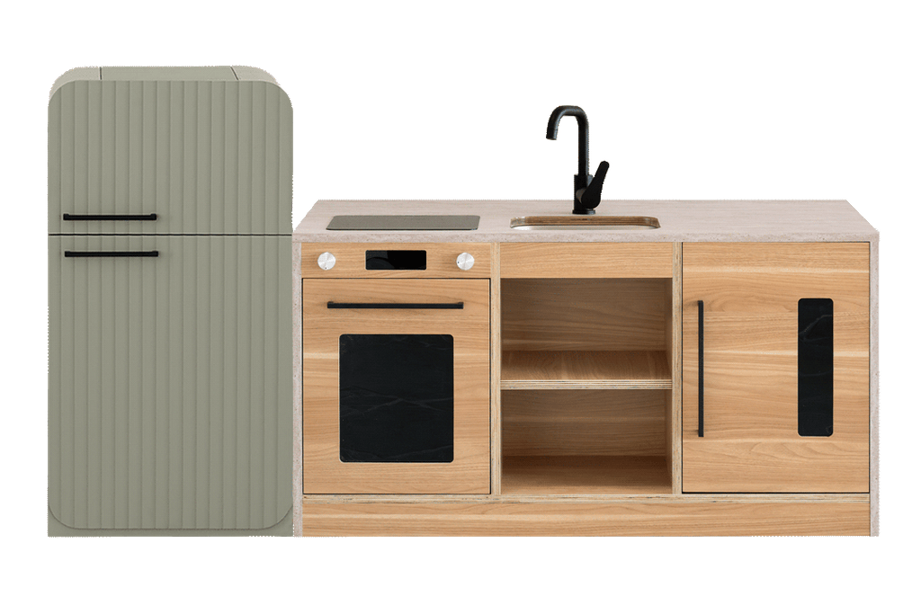 Travertine Kinder Kitchen & Sage Fluted Fridge