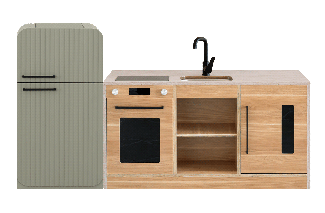 Travertine Kinder Kitchen & Sage Fluted Fridge