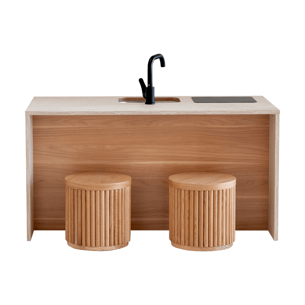 Travertine Kinder Kitchen & Sage Fluted Fridge