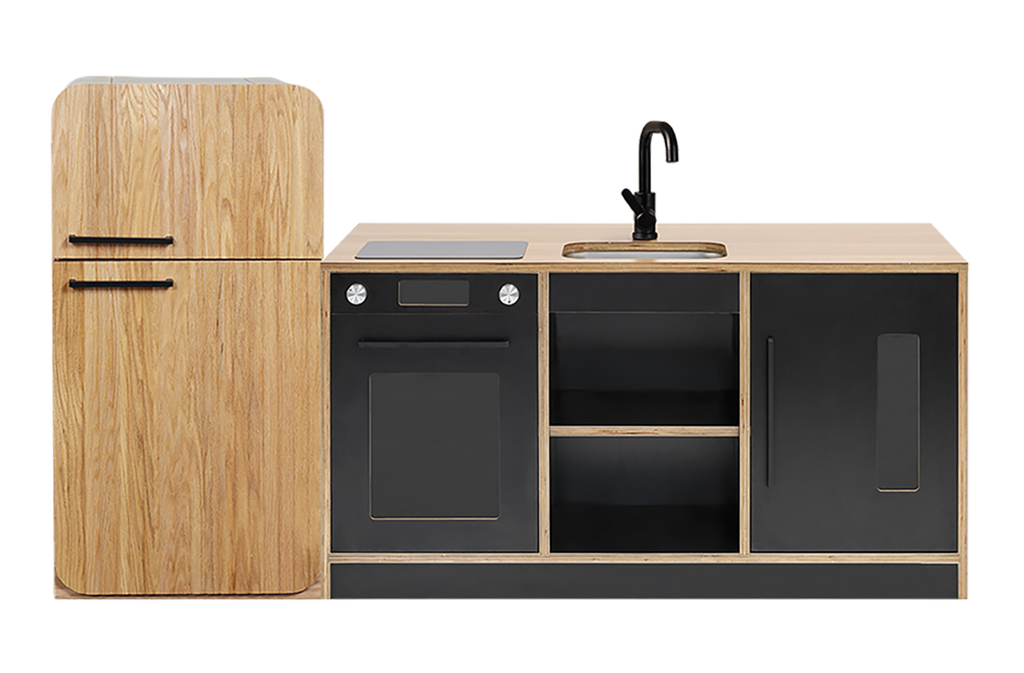Black Kinder Kitchen with Oak Fluted Fridge