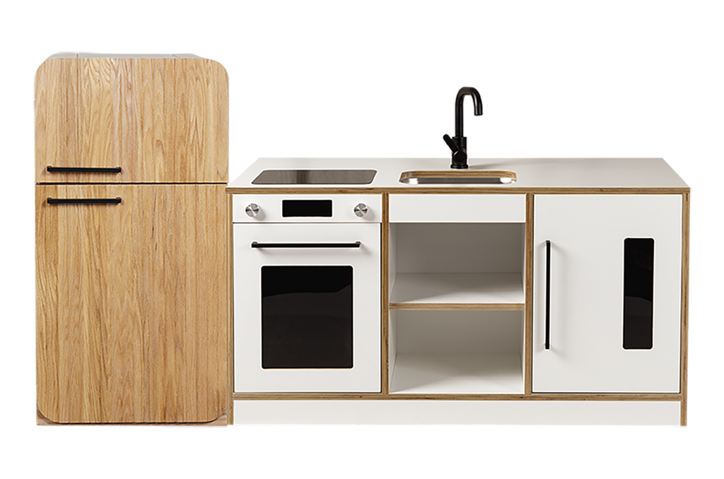 White Kinder Kitchen with Oak Fluted Fridge