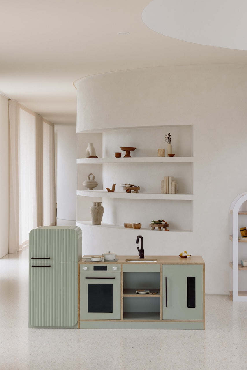 Sage Kinder Kitchen with Sage Fluted Fridge