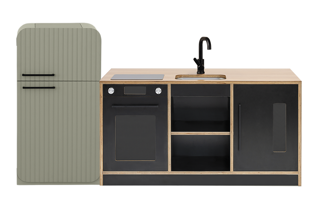 Black Kinder Kitchen with Sage Fluted Fridge