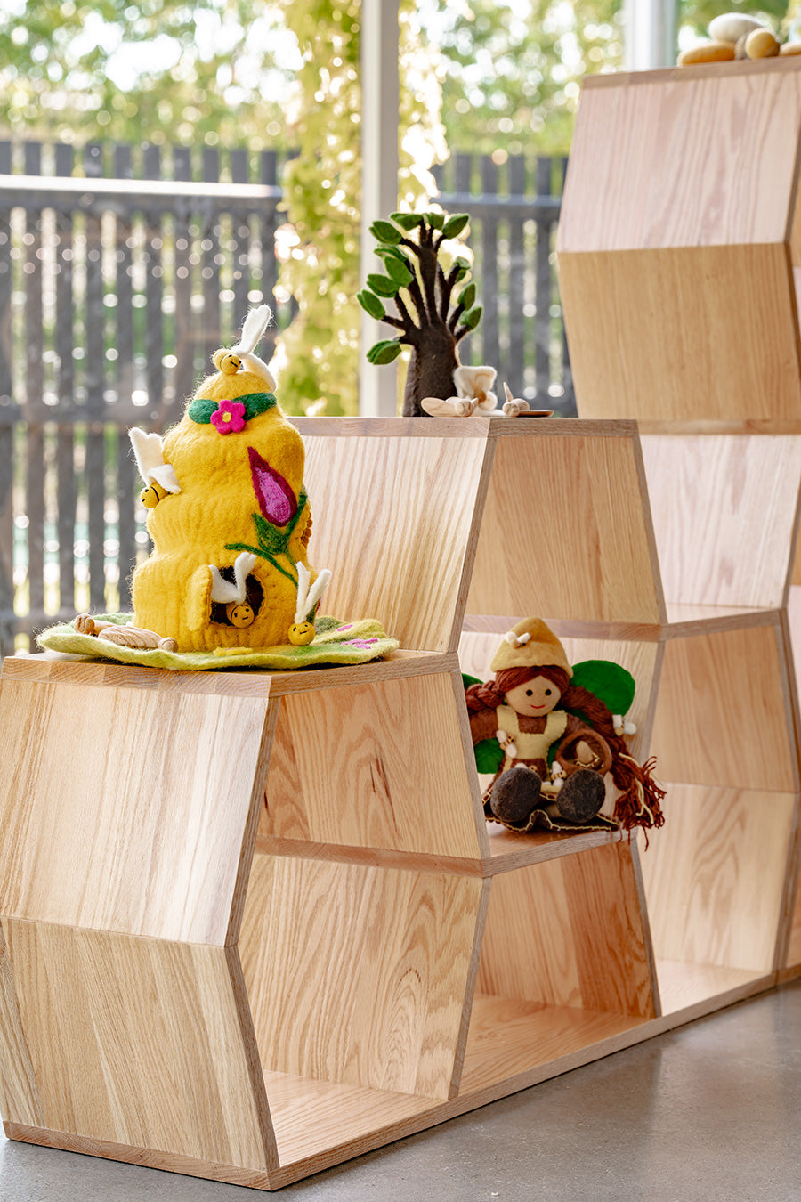 Oak Tall Honeycomb Display Shelf