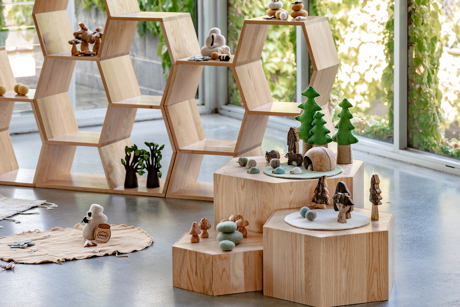 Oak Tall Honeycomb Display Shelf