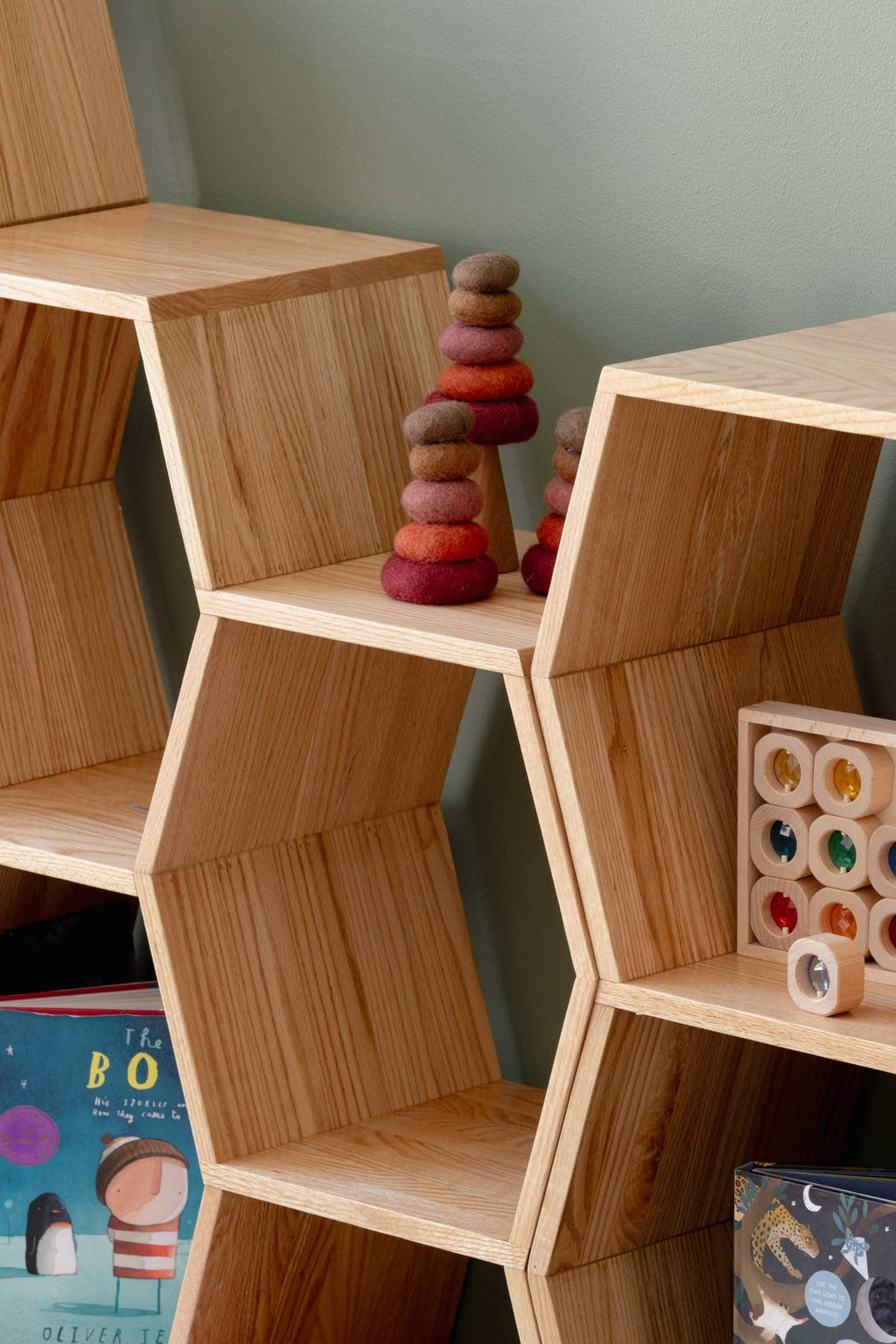 Oak Tall Honeycomb Display Shelf