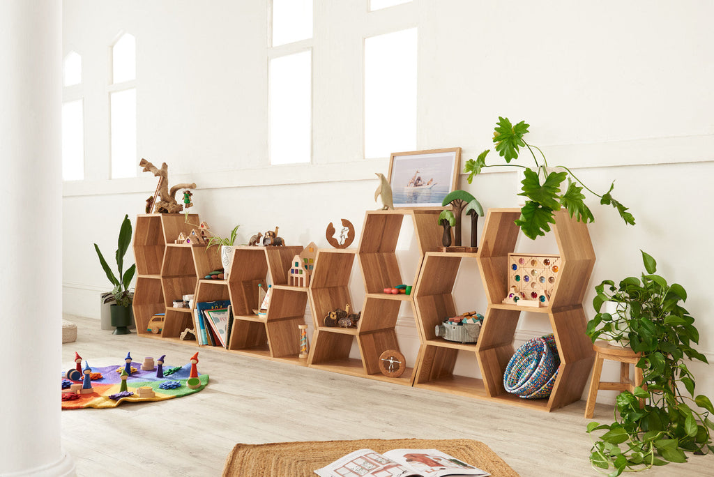 Oak Tall Honeycomb Display Shelf