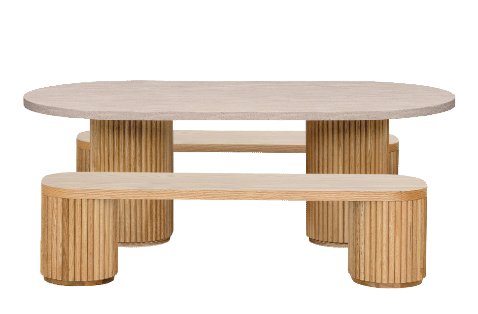 Travertine Fluted Oval Table & Bench Set