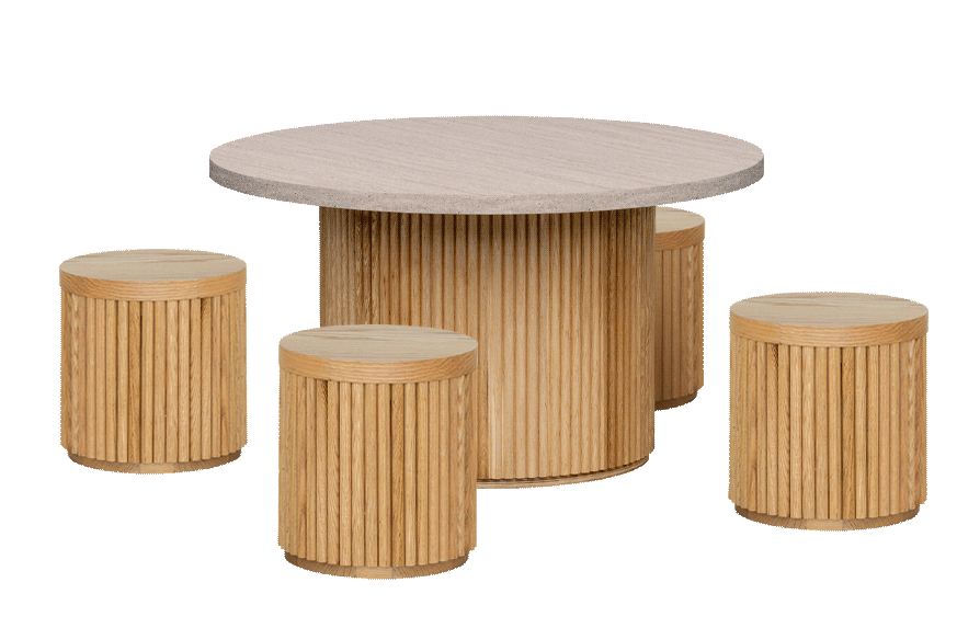Travertine Fluted Round Table & Stool Set