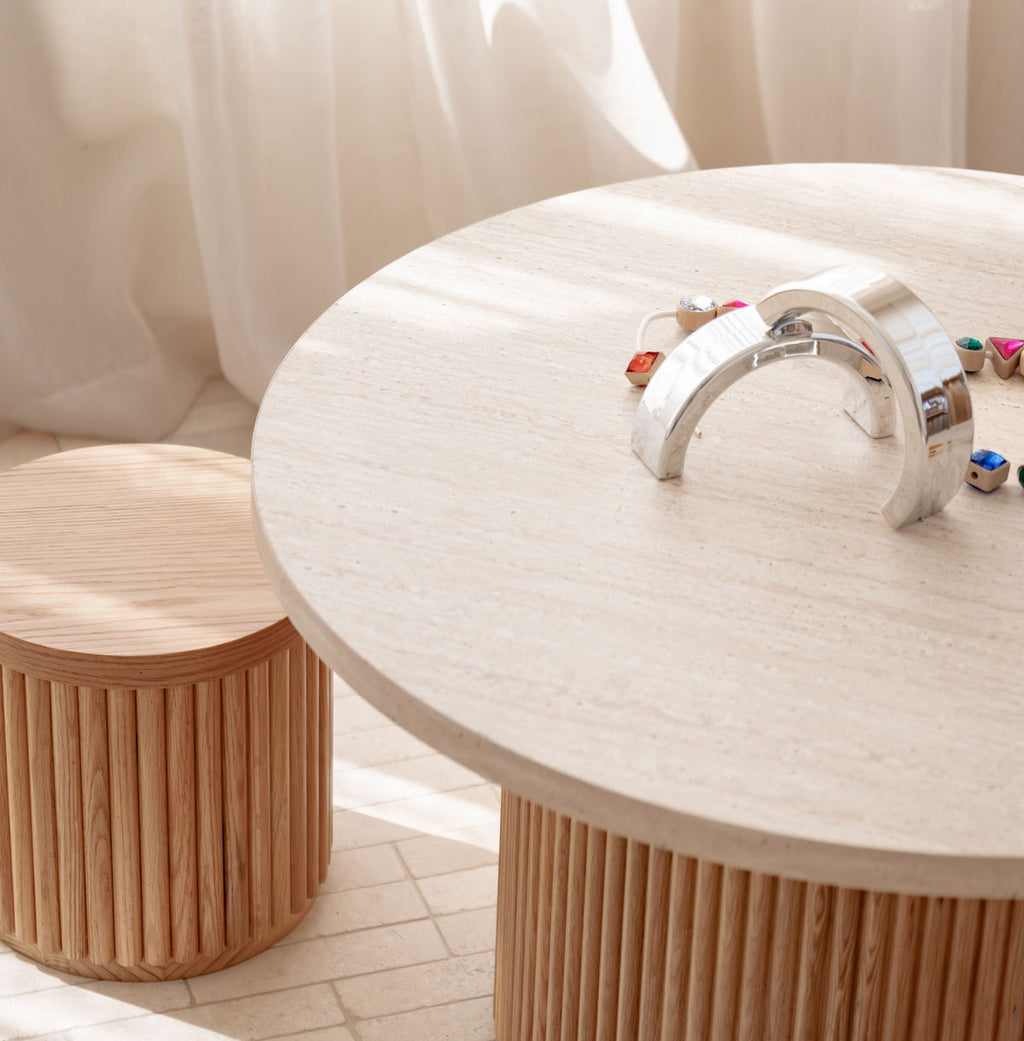 Travertine Fluted Round Table & Stool Set
