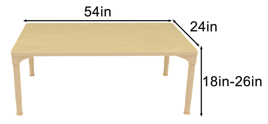 Early Spaces Rectangular Adjustable Kids Classroom Table – 54"×23", 17"–25" height