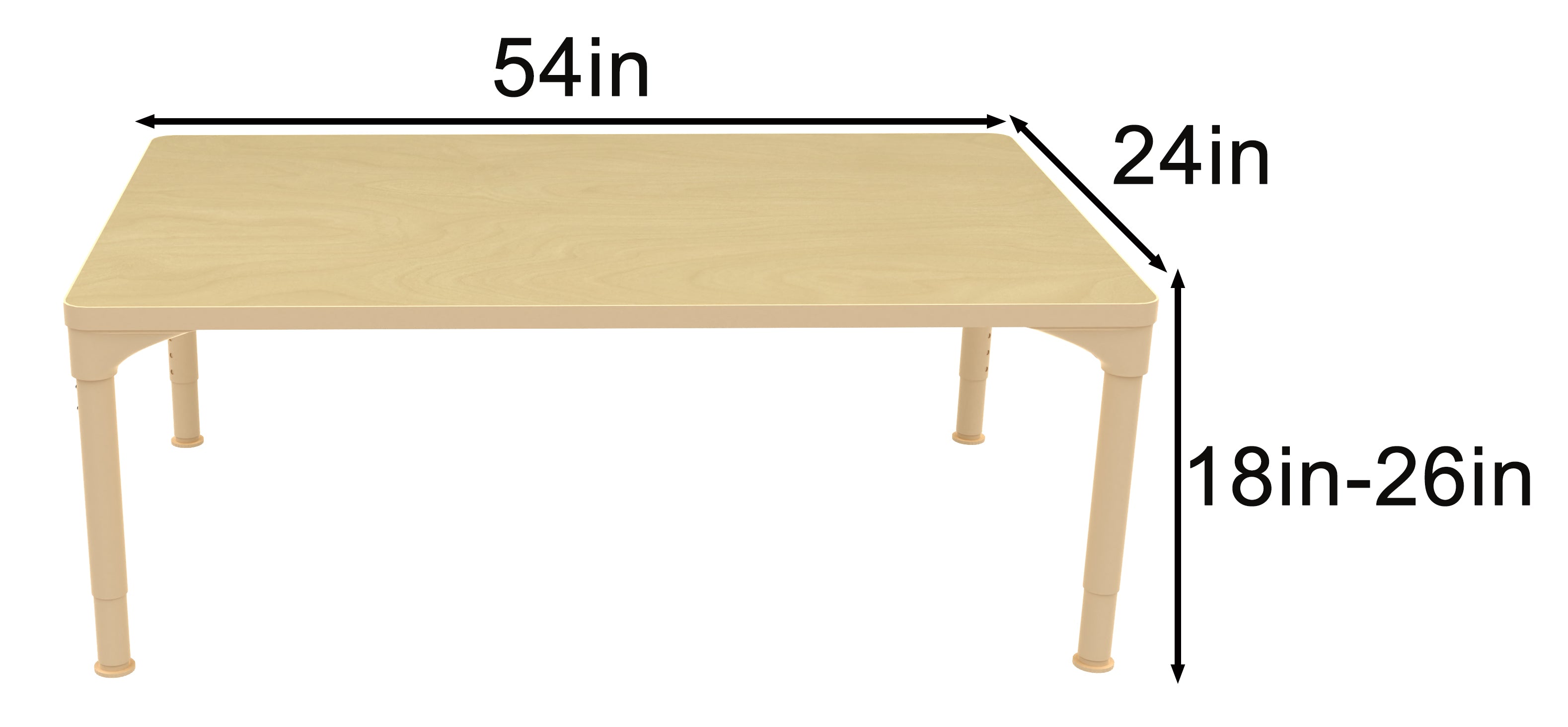 Early Spaces Rectangular Adjustable Kids Classroom Table – 54"×23", 17"–25" height