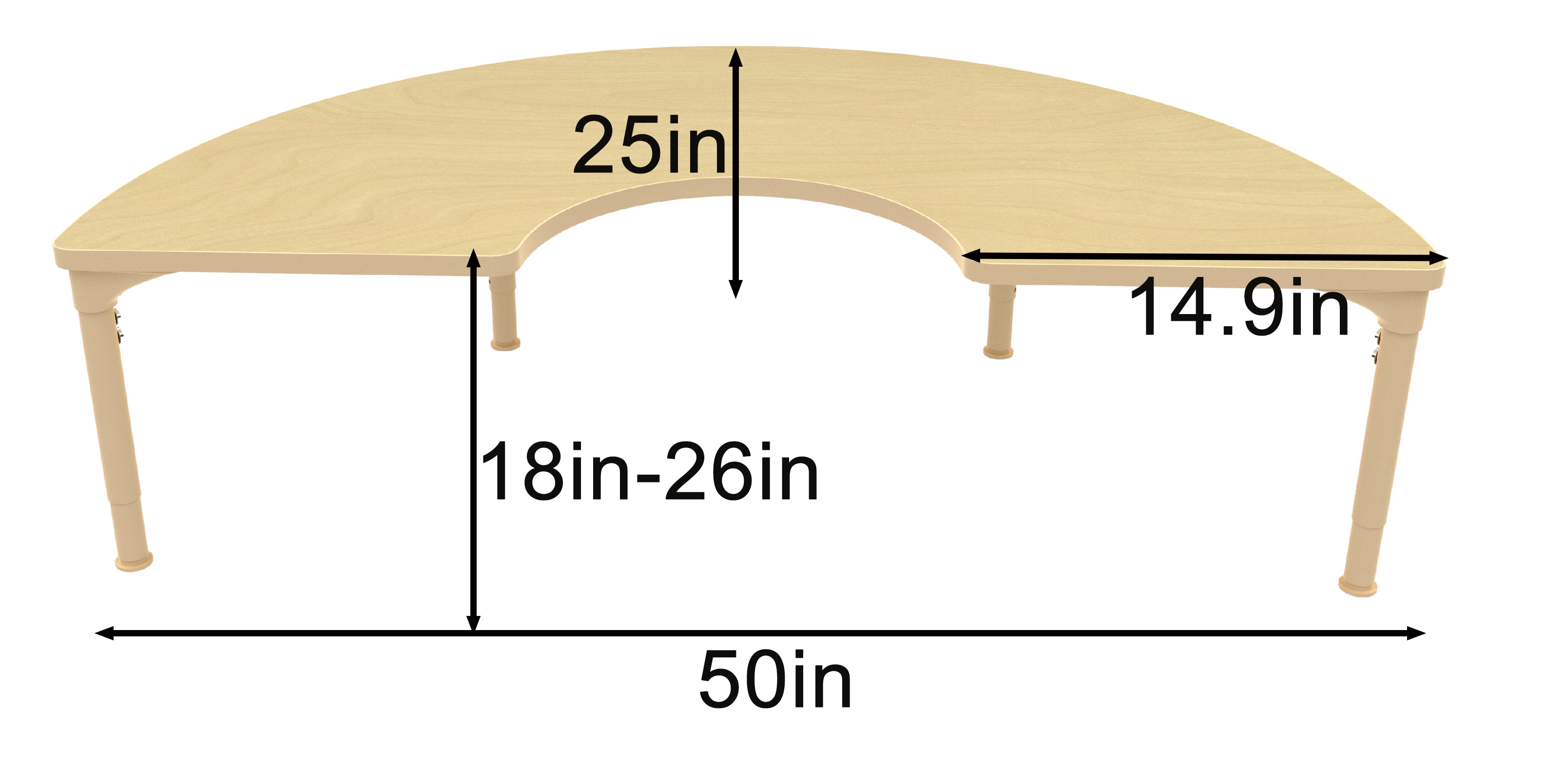 Early Spaces Half-Circle Adjustable Kids Classroom Table – 50"×25", 17–25" height