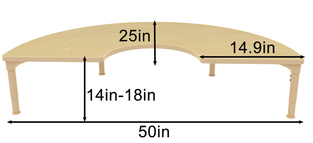 Early Spaces Half-Circle Adjustable Kids Classroom Table – 50"×25", 13–17" height
